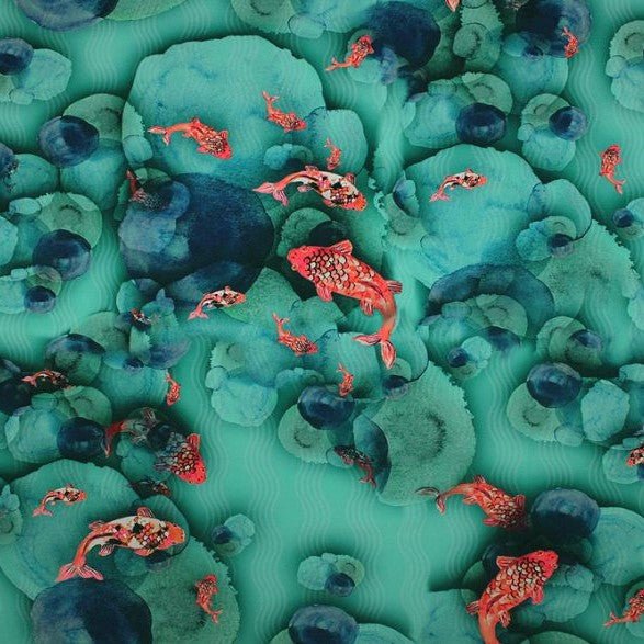 Printed Spandex Koi Lake Blue
