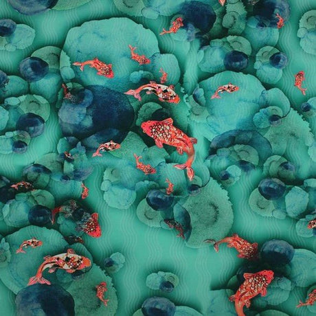Printed Spandex Koi Lake Blue