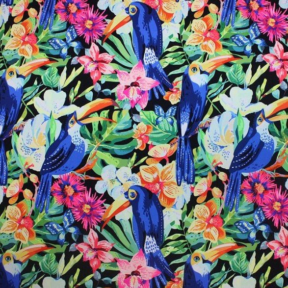 Toucans On Flowers Nylon Spandex Fabric - Blue Moon Fabrics, Printed Floral Toucan, 55/56" Width (1 Yard)