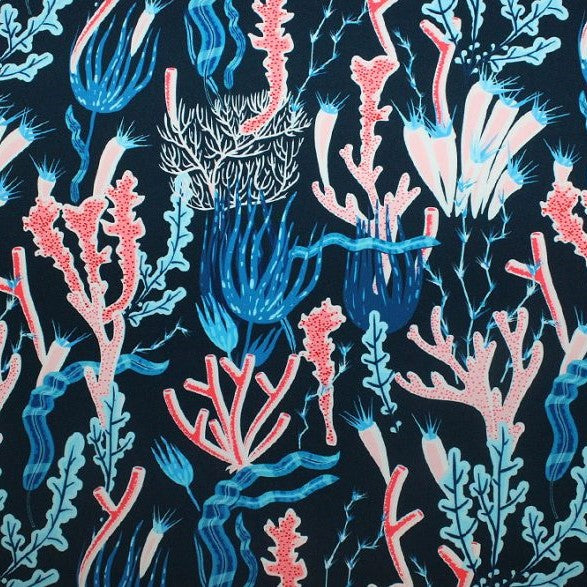 Coral Reef On Navy Printed Nylon Spandex Fabric - Navy Coral Reef Print, 55/56" Width (1 Yard)