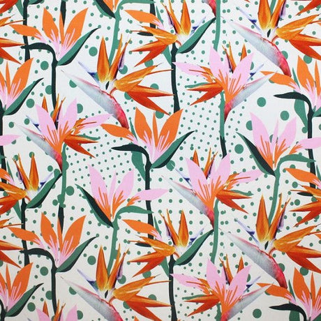 Dotted Birds Of Paradise Printed Nylon Spandex Fabric - Blue, Dotted Birds Of Paradise Print, 55/56" Width (1 Yard)