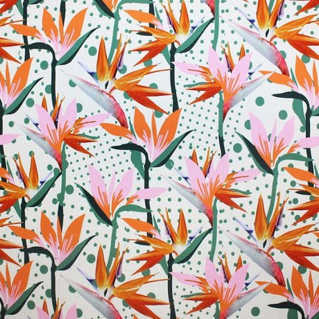 Dotted Birds Of Paradise Printed Nylon Spandex Fabric - Blue Dotted Birds Of Paradise Print, 55/56" Width (1 Yard)