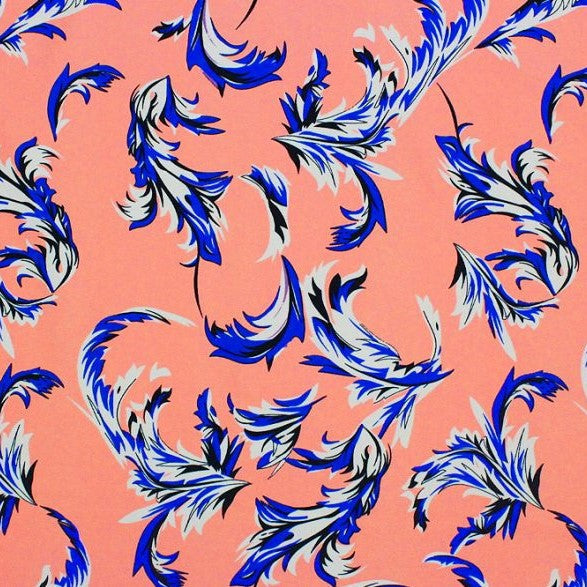 Blue Feathers Nylon Spandex Fabric - Blue Feather Print, 55/56" Width (1 Yard)