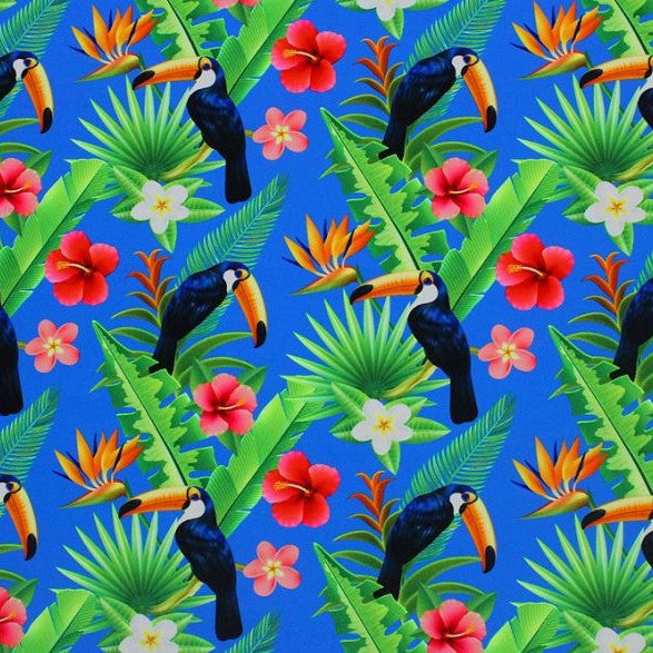 Paradise Toucans Nylon Spandex Fabric - Toucan Print, Blue Moon, 55/56" Width (1 Yard)
