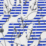 Anchors And Nautical Stripes Nylon Spandex Fabric - Red/Gold, Blue/White, 55/56" Width (1 Yard)