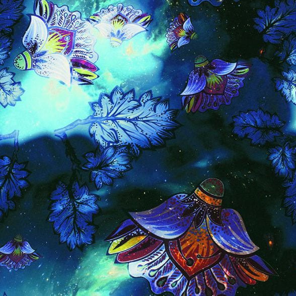 Cosmic Blossoms Printed Nylon Spandex Fabric - Blue Moon, Cosmic Blossoms Print, 55/56" Width (1 Yard)
