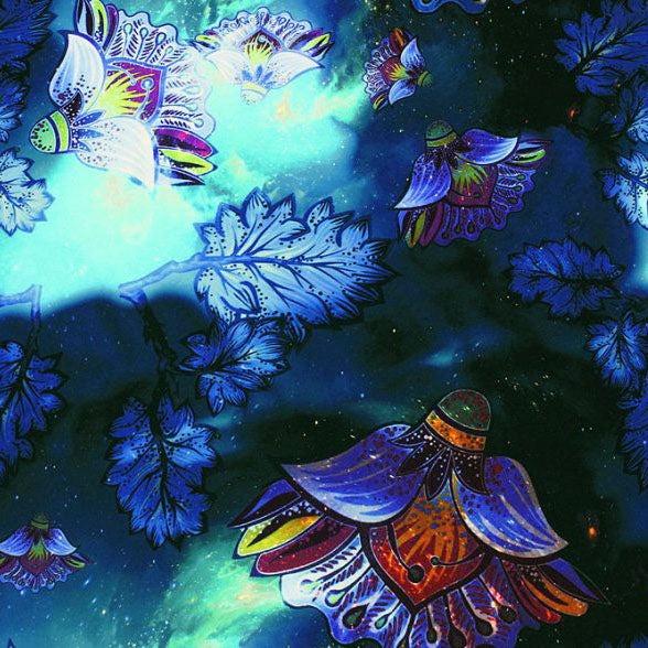 Cosmic Blossoms Nylon Spandex Fabric - Blue Moon, Printed Floral, 55/56" Width (1 Yard)