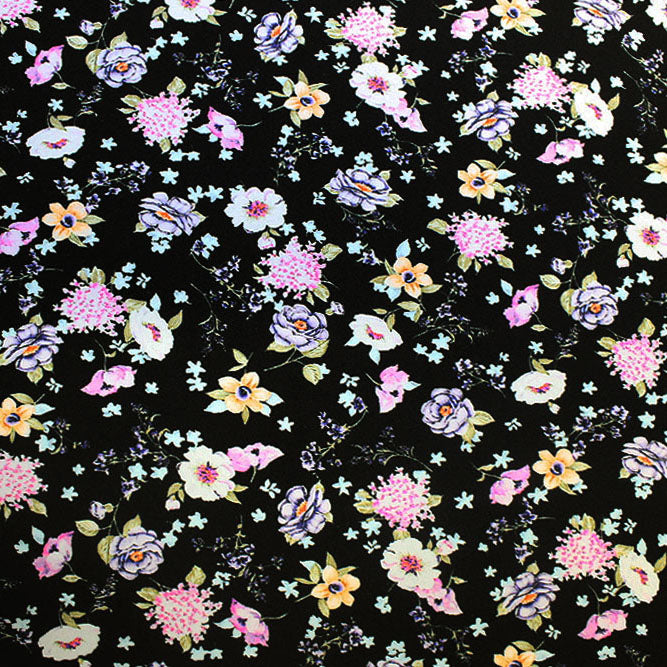 Wild Flowers On Black Nylon Spandex Fabric - Black Floral Print, 55/56" Width (1 Yard)