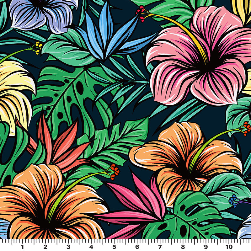 Illustrated Hibiscus And Monstera Printed Nylon Spandex Fabric - Blue Floral Tropical Print, 55/56" Width (1 Yard)