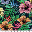 Illustrated Hibiscus And Monstera Printed Nylon Spandex Fabric - Blue Floral Tropical Print, 55/56" Width (1 Yard)