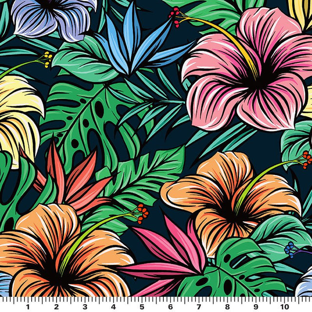 Illustrated Hibiscus And Monstera Printed Nylon Spandex Fabric - Blue Floral Tropical Print, 55/56" Width (1 Yard)
