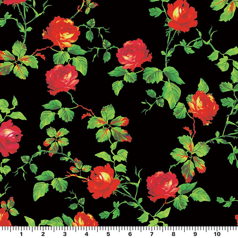 Printed Spandex Red Rose Vine on Black
