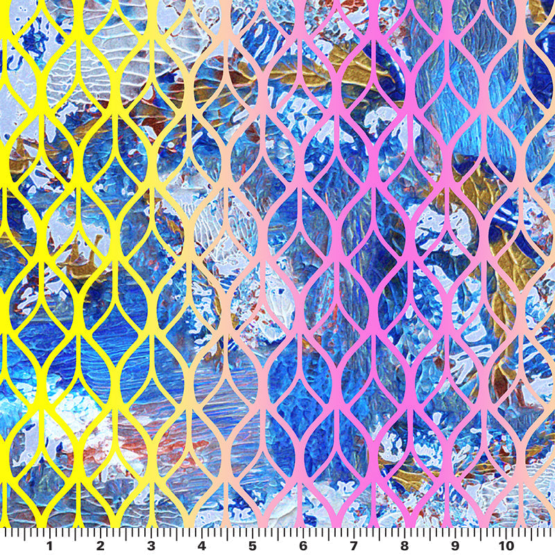 Retro Brushstroke Texture Printed Nylon Spandex Fabric - Mint/Yellow/Gold, 55/56" Width (1 Yard)