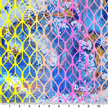 Retro Brushstroke Texture Printed Nylon Spandex Fabric - Mint/Yellow/Gold, 55/56" Width (1 Yard)