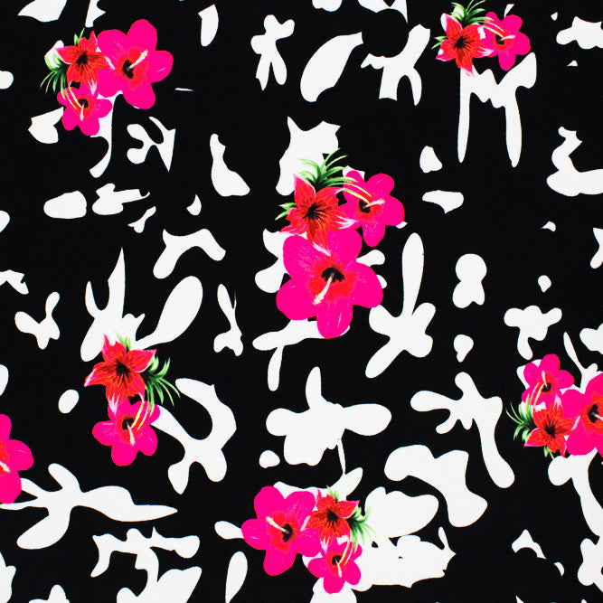 Hibiscus Flower Splatter Printed Nylon Spandex Fabric - Multicolor Floral Print, 55/56" Width (1 Yard)