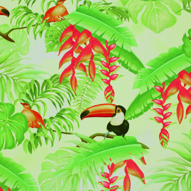 Toucans On Palm Leaves Nylon Spandex Fabric - Multicolor Tropical Print, 55/56" Width (1 Yard)