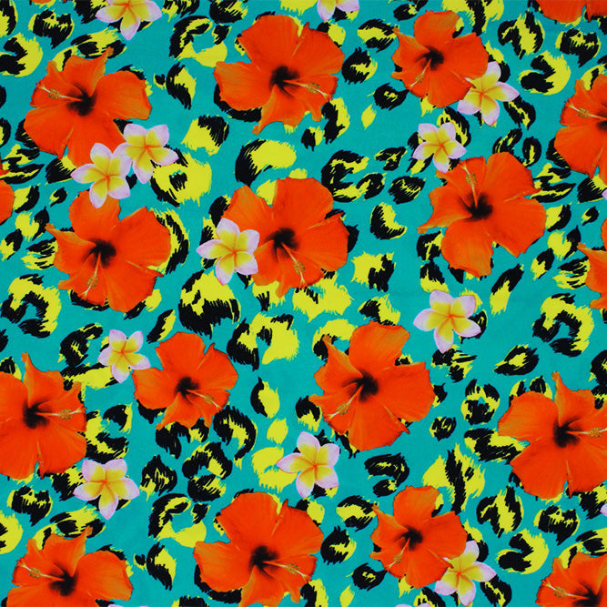 Leopard Hibiscus Printed Nylon Spandex Fabric - Multicolor Leopard Hibiscus Print, 55/56" Width (1 Yard)