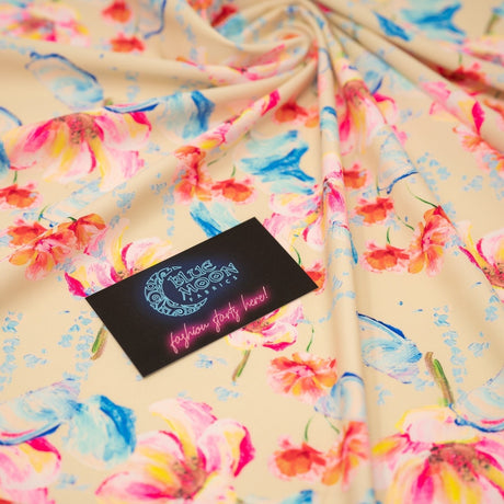 Painterly Flowers Printed Nylon Spandex Fabric - Blue Floral Print, 55/56" Width (1 Yard)