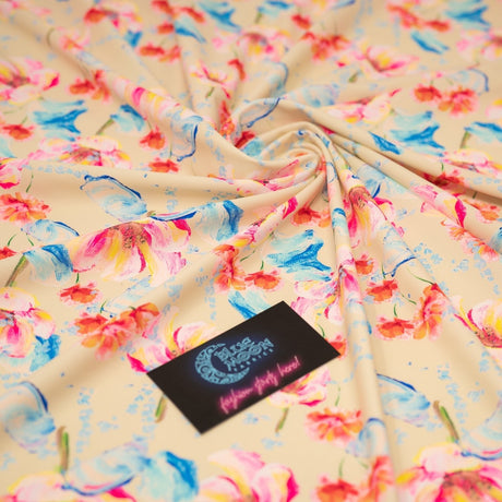 Painterly Flowers Printed Nylon Spandex Fabric - Blue Floral Print, 55/56" Width (1 Yard)