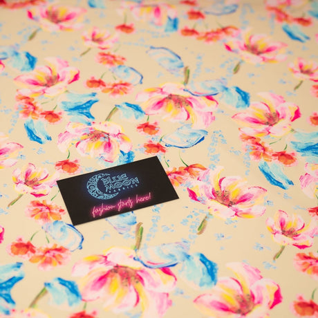 Painterly Flowers Printed Nylon Spandex Fabric - Blue Floral Print, 55/56" Width (1 Yard)