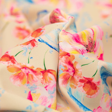 Printed Spandex Fabric Painterly Flowers Blue
