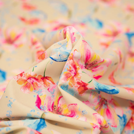 Painterly Flowers Printed Nylon Spandex Fabric - Blue Floral Print, 55/56" Width (1 Yard)