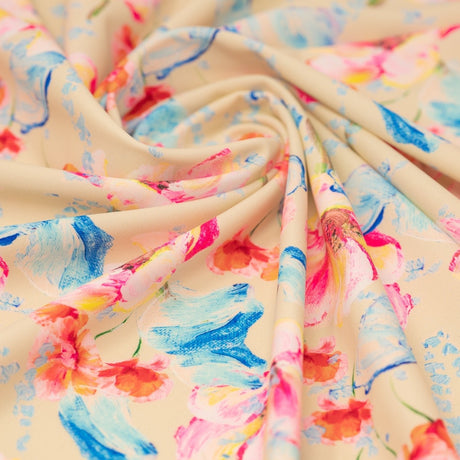 Painterly Flowers Printed Nylon Spandex Fabric - Blue Floral Print, 55/56" Width (1 Yard)