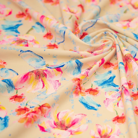 Printed Spandex Fabric Painterly Flowers Blue