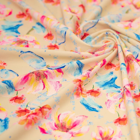 Painterly Flowers Printed Nylon Spandex Fabric - Blue Floral Print, 55/56" Width (1 Yard)
