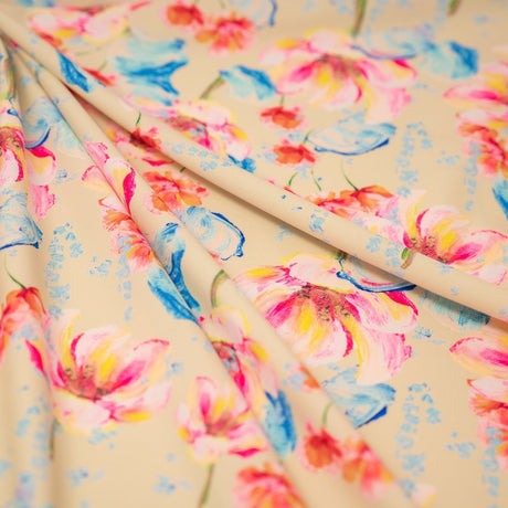 Printed Spandex Fabric Painterly Flowers Blue