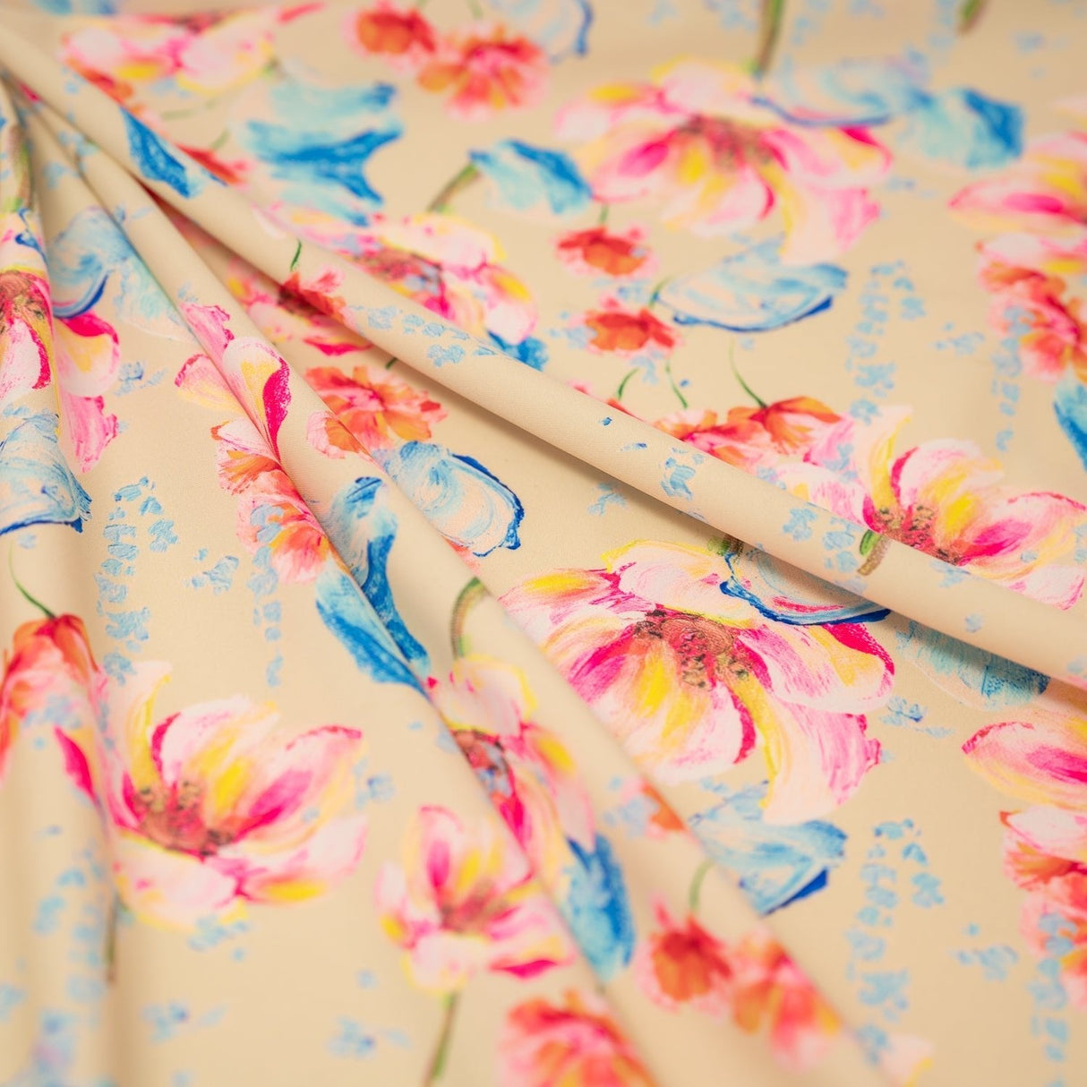 Painterly Flowers Printed Nylon Spandex Fabric - Blue Floral Print, 55/56" Width (1 Yard)