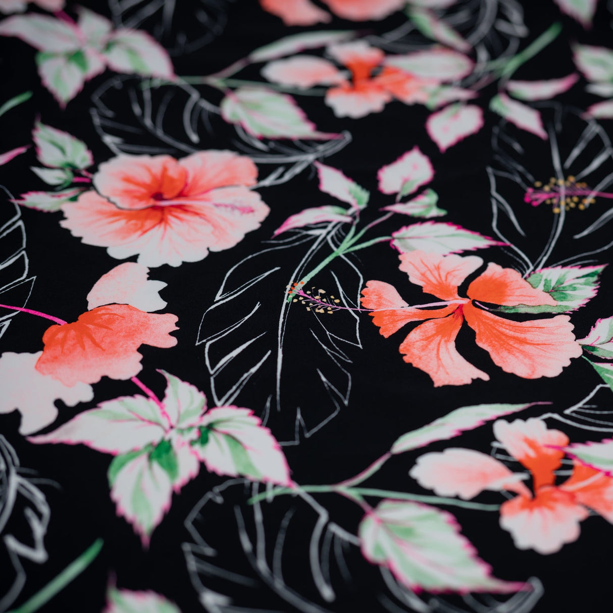 Printed Spandex Hibiscus Flowers Black