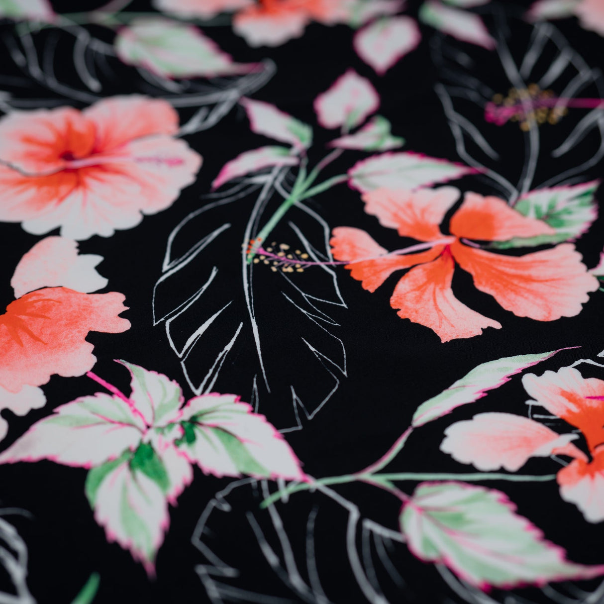 Printed Spandex Hibiscus Flowers Black