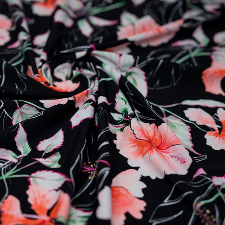 Hibiscus Flowers On Black Printed Nylon Spandex Fabric - Black Hibiscus Floral Print, 55/56" Width (1 Yard)