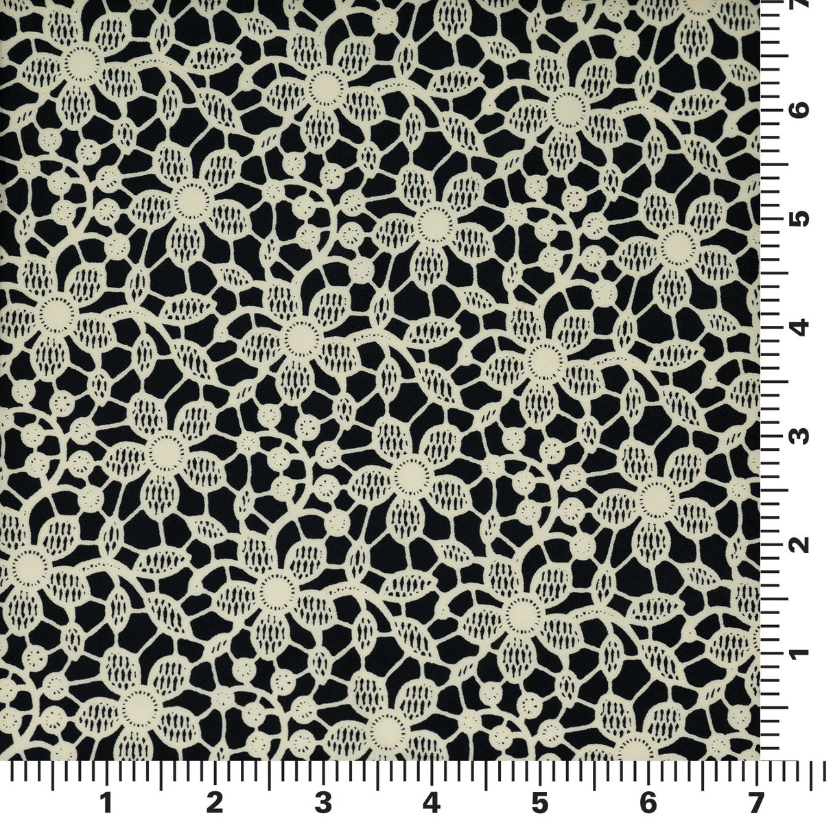 Ivory Flower Lace Pattern On Black Printed Nylon Spandex Fabric - Black, Ivory Floral Lace Pattern, 55/56" Width (1 Yard)