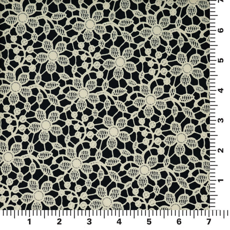 Ivory Flower Lace Pattern On Black Printed Nylon Spandex Fabric - Black, Ivory Floral Lace Pattern, 55/56" Width (1 Yard)