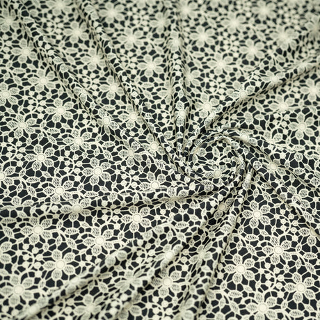 Ivory Flower Lace Pattern On Black Printed Nylon Spandex Fabric - Black, Ivory Floral Lace Pattern, 55/56" Width (1 Yard)
