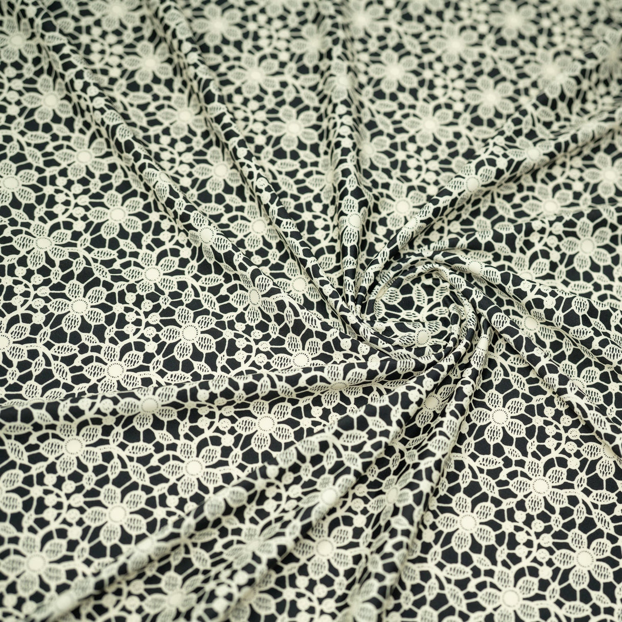 Ivory Flower Lace Pattern On Black Nylon Spandex Fabric - Black, Ivory Floral Lace Pattern, 55/56" Width (1 Yard)