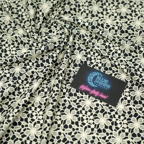 Printed Spandex Ivory Flower Lace on Black