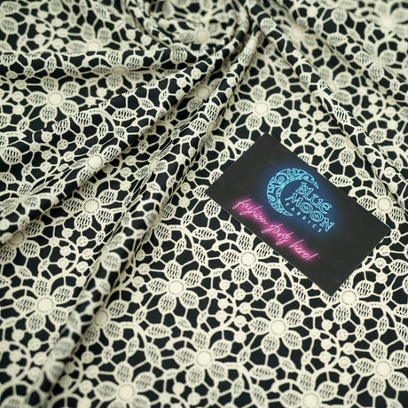 Printed Spandex Ivory Flower Lace on Black