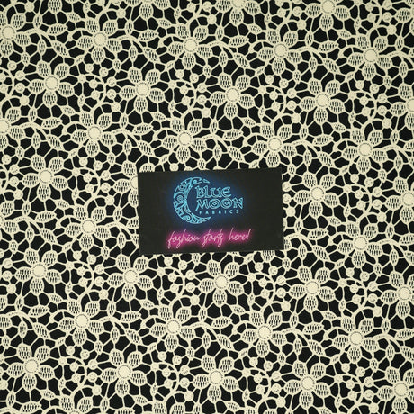 Ivory Flower Lace Pattern On Black Printed Nylon Spandex Fabric - Black, Ivory Floral Lace Pattern, 55/56" Width (1 Yard)