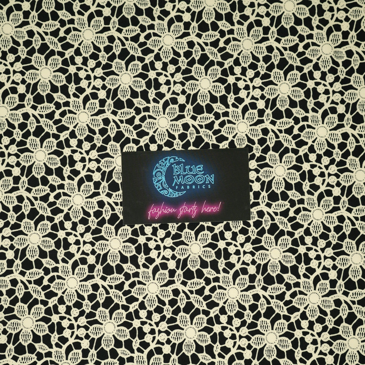 Ivory Flower Lace Pattern On Black Nylon Spandex Fabric - Black, Ivory Floral Lace Pattern, 55/56" Width (1 Yard)