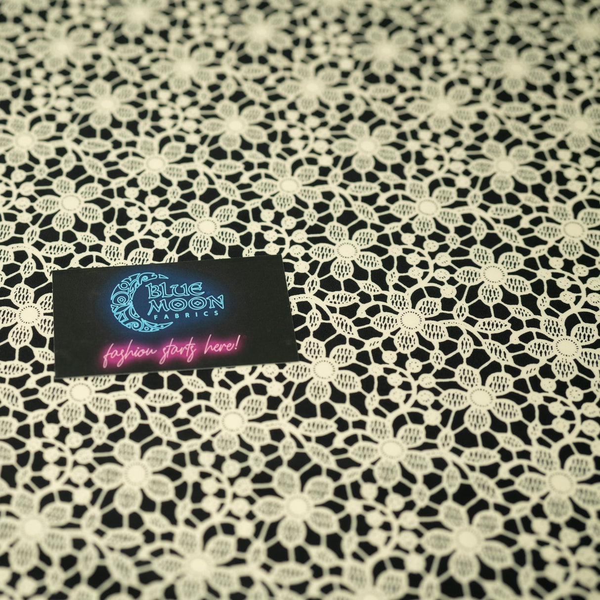 Ivory Flower Lace Pattern On Black Printed Nylon Spandex Fabric - Black, Ivory Floral Lace Pattern, 55/56" Width (1 Yard)