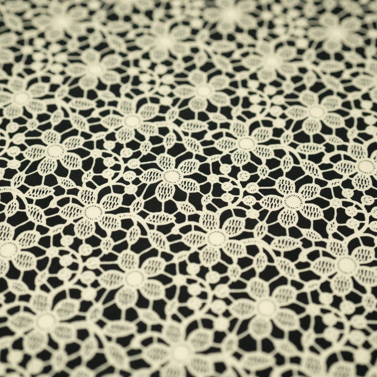 Printed Spandex Ivory Flower Lace on Black