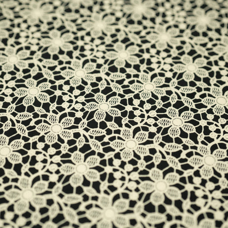 Printed Spandex Ivory Flower Lace on Black