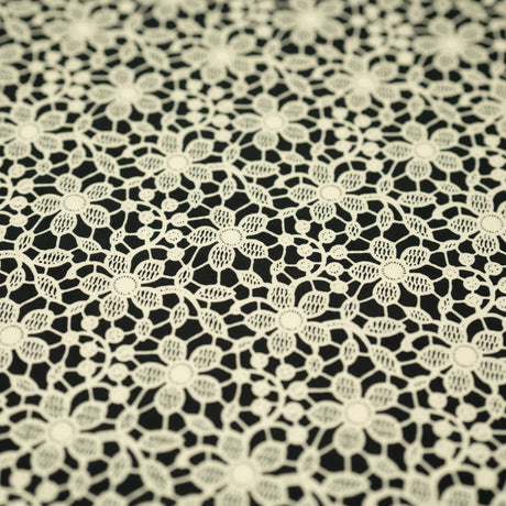 Ivory Flower Lace Pattern On Black Printed Nylon Spandex Fabric - Black, Ivory Floral Lace Pattern, 55/56" Width (1 Yard)
