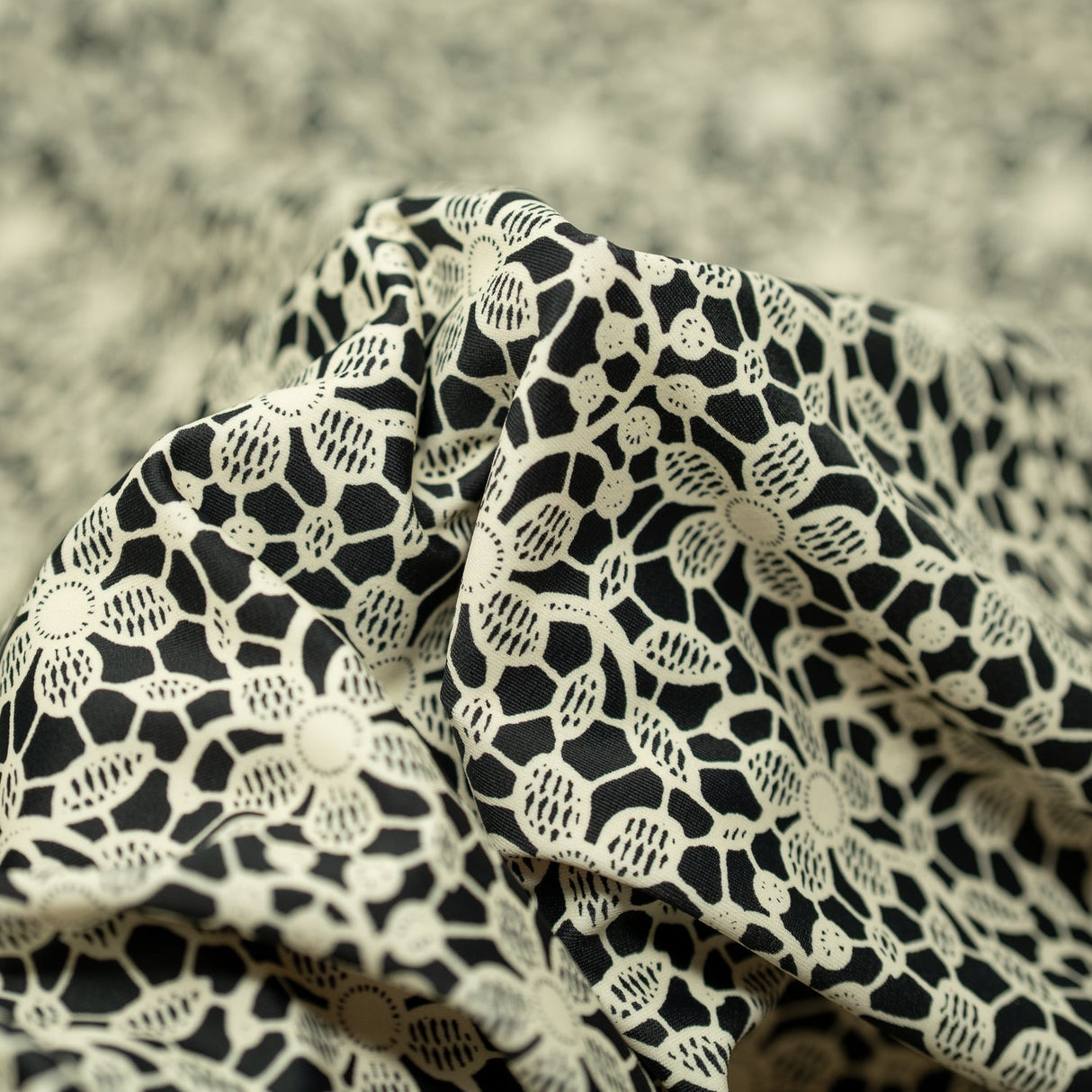 Ivory Flower Lace Pattern On Black Nylon Spandex Fabric - Black, Ivory Floral Lace Pattern, 55/56" Width (1 Yard)
