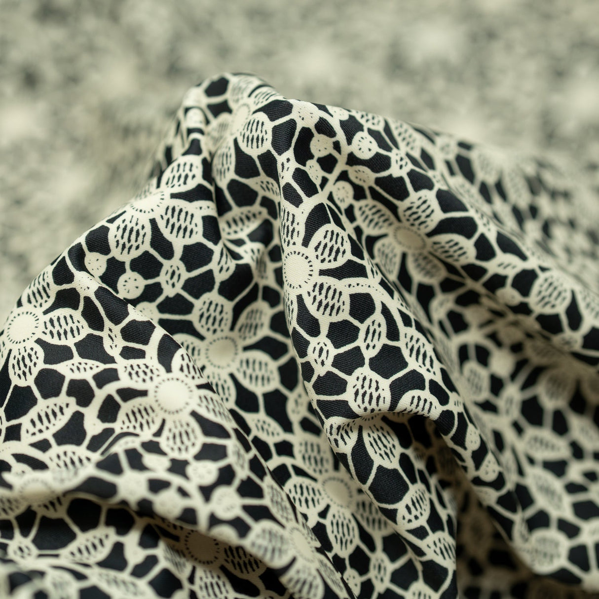 Ivory Flower Lace Pattern On Black Nylon Spandex Fabric - Black, Ivory Floral Lace Pattern, 55/56" Width (1 Yard)