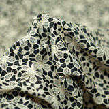 Ivory Flower Lace Pattern On Black Nylon Spandex Fabric - Black, Ivory Floral Lace Pattern, 55/56" Width (1 Yard)