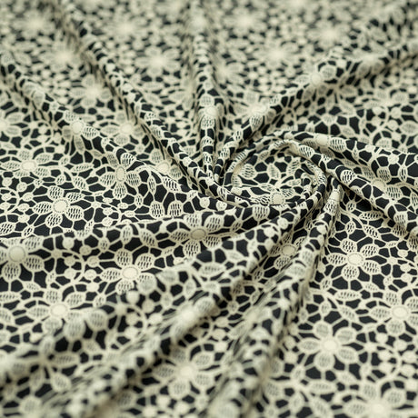 Printed Spandex Ivory Flower Lace on Black